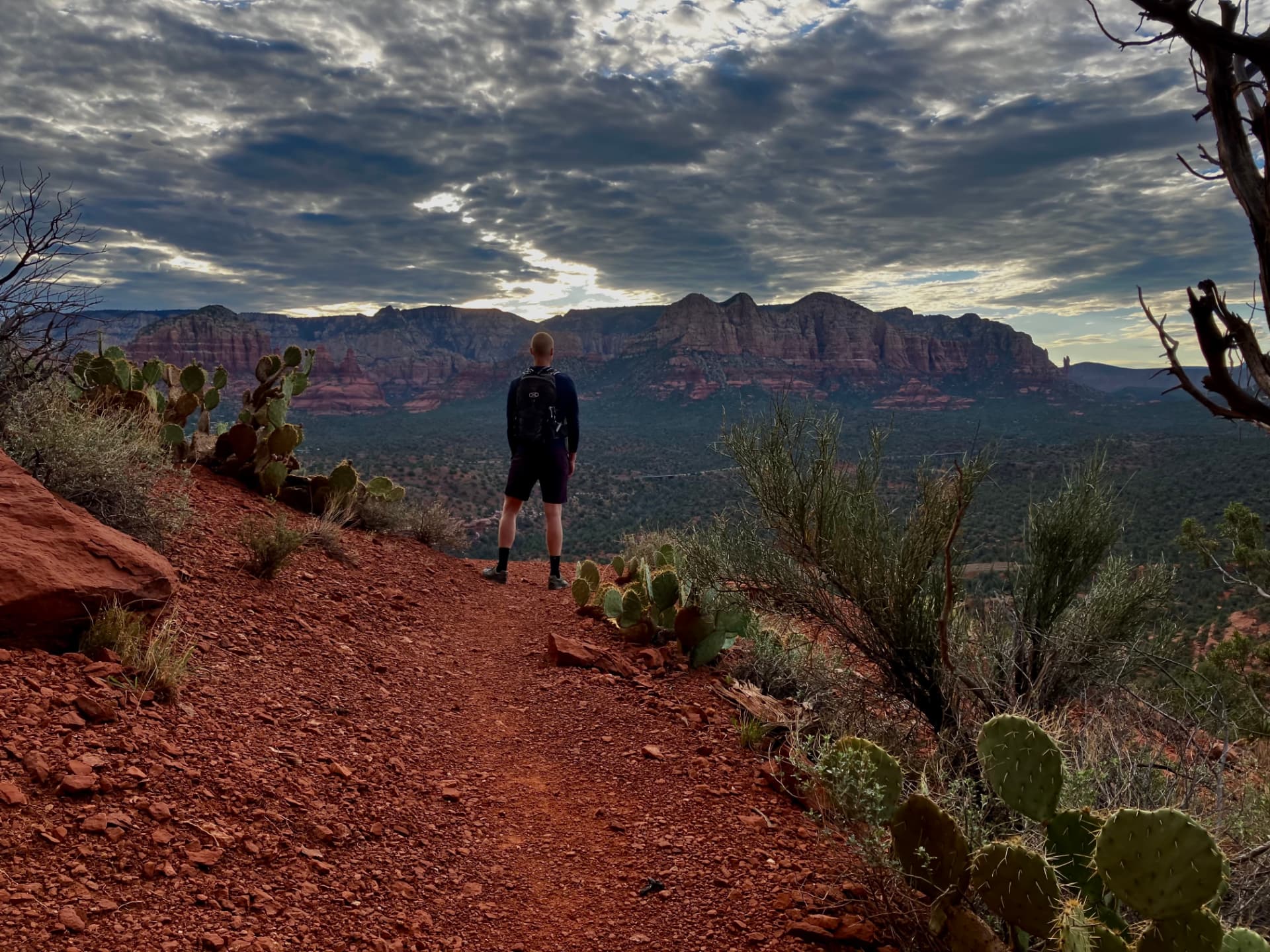 A hiker standing on a red dirt trail looking out over the Sedona red rocks