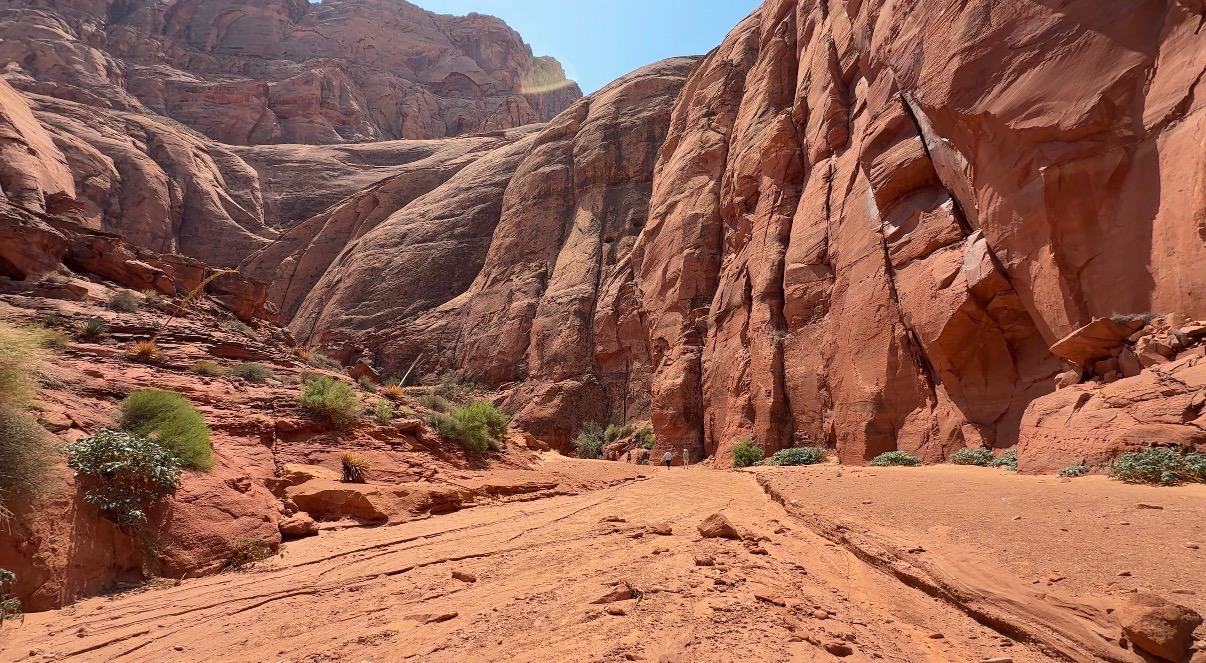 Sunlit red rock canyon walls narrowing along a sandy wash