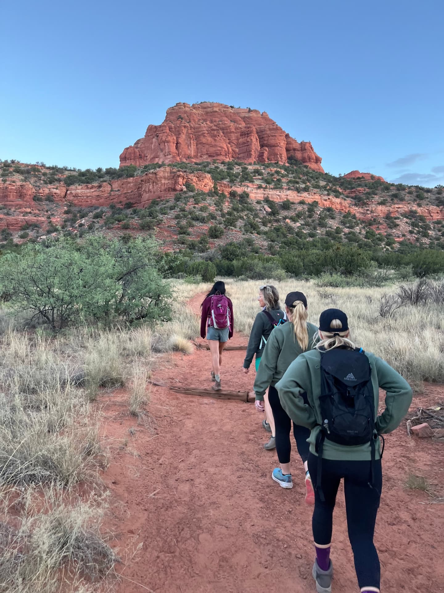 A line of hikers walking a red dirt trail toward a Sedona butte